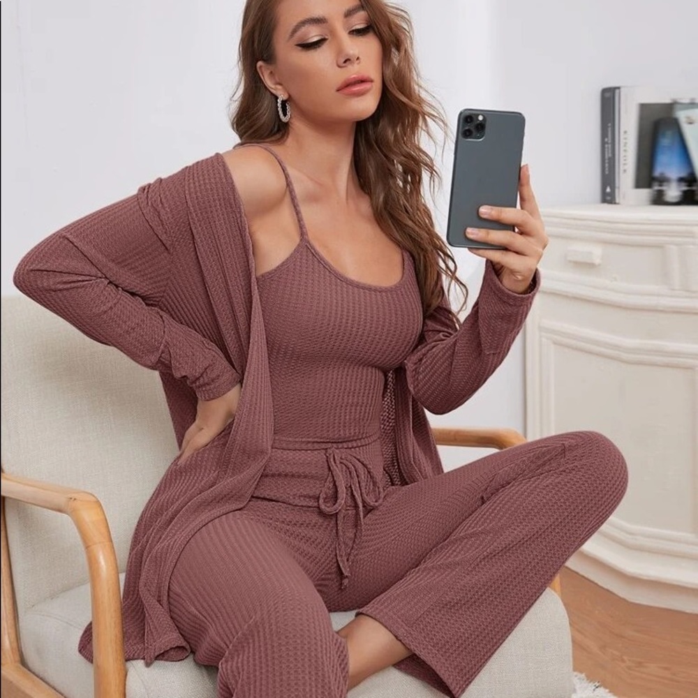 3pcs Waffle Knit Cami Top & Pants & Robe PJ Set